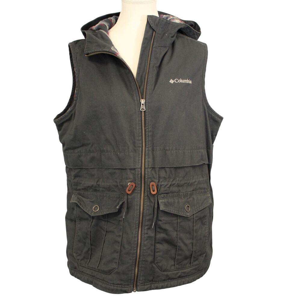 Columbia Utility Vest Women’s Large Canvas Plaid Lined Hooded Barn Gray